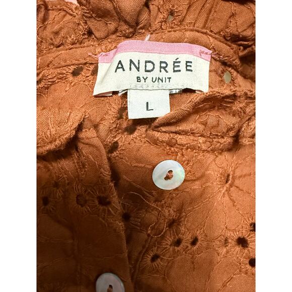 Andree By Unit Women's Eyelet Blouse Large Autumn Rust Romantic Ruffled‎ Cottage - Picture 8 of 9